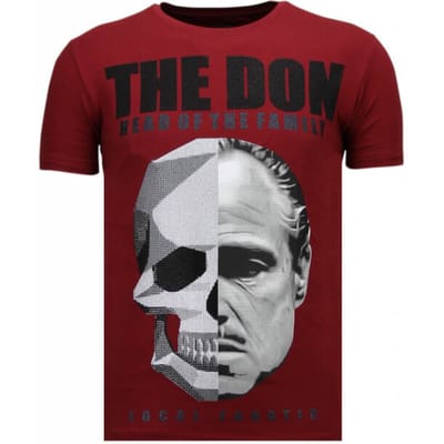 T shirt Heren - T shirt Heren met Print - Heren Tshirt met Opdruk The Don Skull - Rhinestone Funny Shirt - Bordeaux