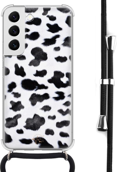 Hoesje met koord geschikt voor Samsung Galaxy S22 - Koeienprint - Inclusief koord - Crossbody beschermhoes - Transparant, Zwart, Wit - Mooie Telefoonhoesjes