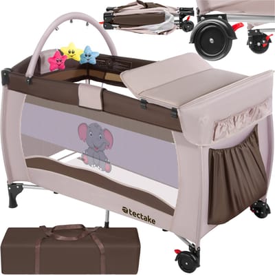 tectake® Reisbed - Reisbedje - Reiswieg - In Hoogte Verstelbaar met Babyinzetstuk en Transporttas - 132 x 75 x 104 cm - Bruin