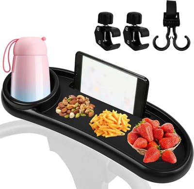 Snack Tray voor Kinderwagens, 360° Rotatable, 3-in-1 met Verstelbare Clip en Haak, Inclusief Drinkhouder en Snacktablet voor Buitenactiviteiten