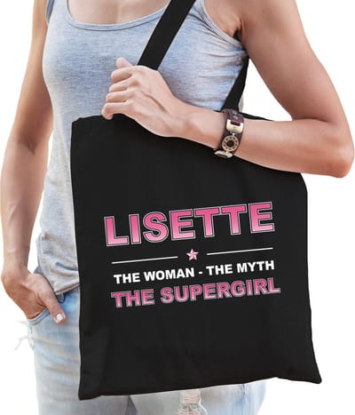 Naam cadeau Tasje voor Lisette - The woman, The myth the supergirl - katoenen - zwart - verjaardag - moederdag - collega - vriendin