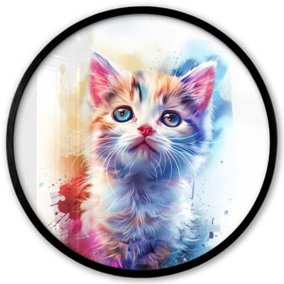 Poster in lijst Rond - Fotolijst 40x40 cm - Posters - Kat - Portret - Kleuren - Verf - Wit - Ronde posterlijst zwart - Decoratie - Wanddecoratie woonkamer - Muurdecoratie slaapkamer
