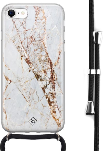 Casimoda® hoesje met koord - Geschikt voor iPhone 8 - Marmer Goud - Afneembaar koord - Siliconen/TPU - Goudkleurig