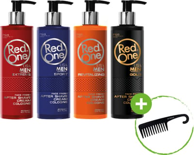 4-pack Mix Voordeelbundel Red One Aftershave Cream Cologne 400ml + Cosmeticall Stylingkam - Revitaliserend en Verkoelend - Eau de Cologne - Kolonya - Intense Frisheid - Voorkom Huidirritatie en een Branderig Gevoel - Sensationele Geurbeleving