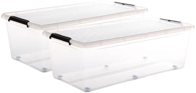 5Five opberg kist met deksel - 2x - Clip Box - 55 liter - 76 x 39 x 25 cm - kunststof - transparant - met wielen