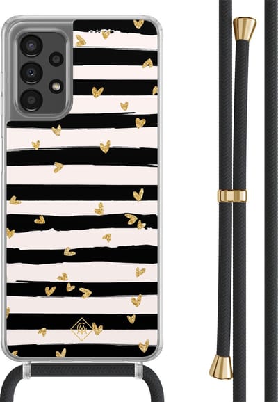 Casimoda® hoesje met zwart koord - Geschikt voor Samsung A13 4G - Hart Streepjes - Afneembaar koord - TPU/polycarbonaat - Zwart