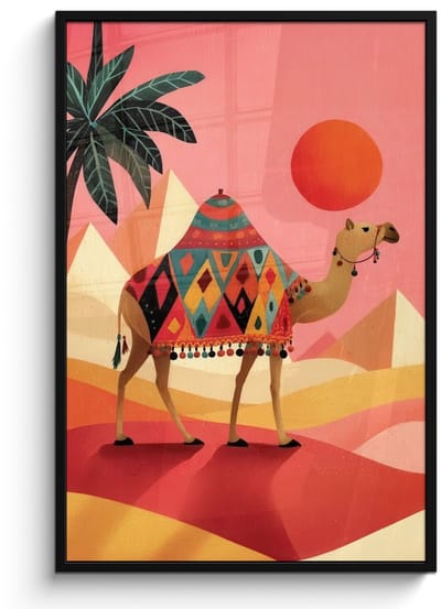 Poster in lijst - Fotolijst 80x120 cm - Posters - Kameel - Pyramides - Rode zon - Posterlijst zwart - Decoratie - Wanddecoratie woonkamer - Muurdecoratie slaapkamer