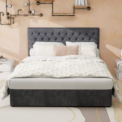 DESMIU Gestoffeerd Bed 140x200cm – Elegant Hoofdbord Met Opbergruimte Onder Het Bed – Stevige Houten En Metalen Constructie – Slaapkamer – Grijs – Zonder Matras