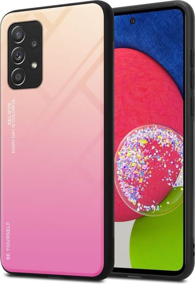 Cadorabo Hoesje geschikt voor Samsung Galaxy A52 (4G / 5G) / A52s in GEEL - ROZE - Tweekleurige beschermhoes van TPU-silicone Case Cover en achterzijde van gehard glas
