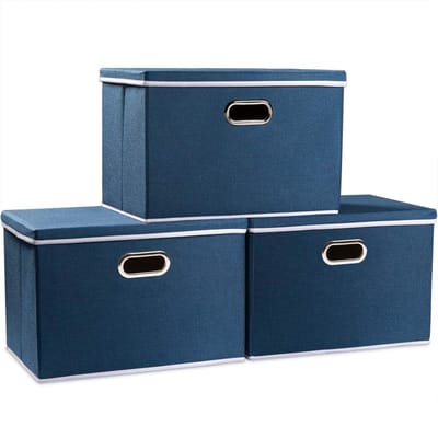 Famanu – Grote stoffen opbergdozen met deksel en handgrepen - set van 3 - 43 x 30 x 30 cm - blauw - duurzaam materiaal - stevig en praktisch voor kleding - speelgoed en accessoires