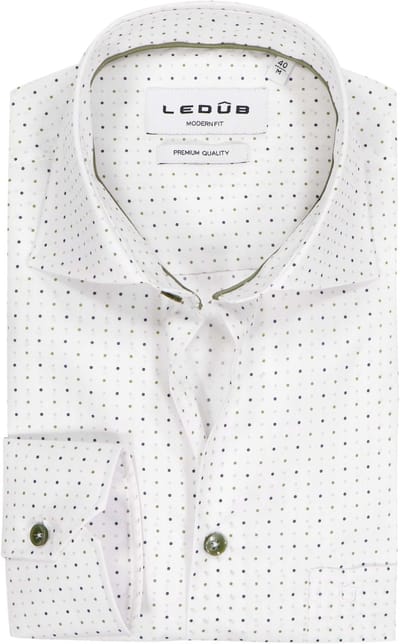 Ledub modern fit overhemd - popeline - wit met groen - grijs en blauw stipjes dessin - Strijkvriendelijk - Boordmaat: 38 (EU maat: S)