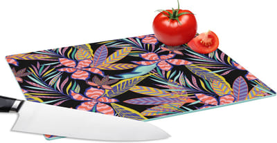 Glazen Snijplank - 28x20 - Hawaii - Regenboog - Bloemen - Bladeren - Psychedelisch - Snijplanken Glas