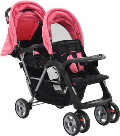 Tweeling Kinderwagen - Duowagen Baby - Dubbel Reizen - 2 Inklapbare Afdekkingen - 108x41x118 cm - Roze Zwart