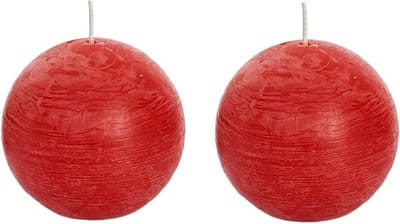 Spaas rustieke bolkaars - rood - 2x - D8 cm - 24 branduren - ronde kaarsen