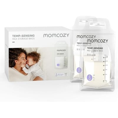 Momcozy Moedermelk Bewaarzakjes met Ingebouwde Temperatuursensor, 6 oz 50 stuks, Waterdicht, Zelfstaand, Wegwerp