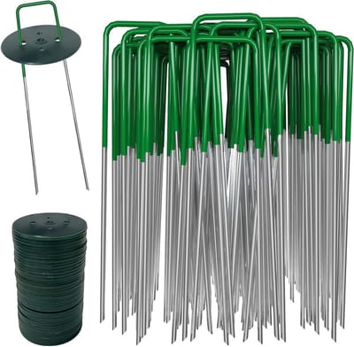 Onkruidbestrijding membraanharingen - 40 tuinharingen + 40 bufferringen - Metalen kunstgrasharingen - 150 mm membraan tuinharingen - Bodembedekkende pinnen palen - Tuinlandschap nietjes