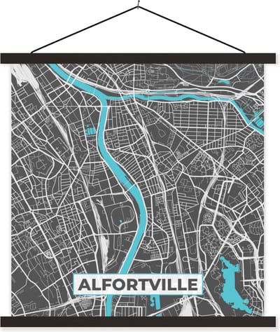 Posterhanger incl. Poster 60x60 cm - Schoolplaat - Alfortville - Frankrijk - Kaart - Plattegrond - Stadskaart - Textielposter - Zwarte latten - Stadskaart