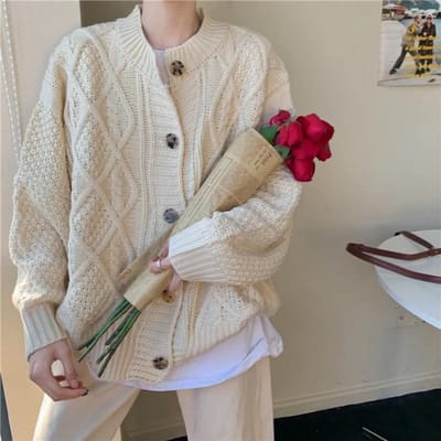 Pull Tricot Paresseux Automne et Hiver Pull Torsadé Étudiant Style Collège Ample Cardigan Haut Pull Femme L au large de blanche