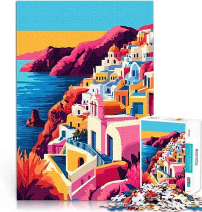 Puzzel 1000 stukjes - Kunstwerk Puzzel - Ontspannend Spel - Verdikt Wit Karton - 52x38cm - Santorini Dorp