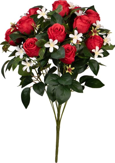 Louis Maes Kunstbloemen boeket rozen/bloesem met bladgroen - rood - H49 cm - Bloemstuk