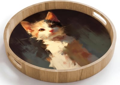 Dienblad rond 40x40 cm - Schootdienblad hout - Kat - Geschilderd - Artistiek - Wit - Borrelplank rechthoek - Plateau houten dienbladen