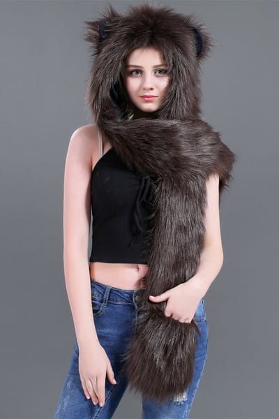 KIMU® Hood Beer Donkerbruin - Muts met Oortjes en Wanten - Beertje Pak Bontmuts Spirit Festival