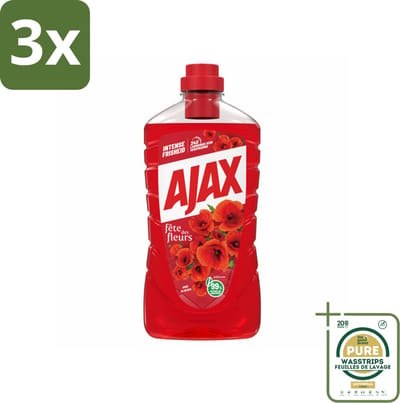3 x Ajax Allesreiniger Fete de Fleur Rode bloemen 1 liter - Grootverpakking - Allesreiniger - Reinigingsmiddel - Bloemgeur - Natuurlijke Reiniging - Frisheid