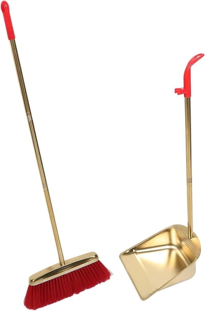 Stoffer en Bezemset - Metaal Combo - Efficiënt Schoonmaken - Ruimtebesparend Ontwerp - 94 x 32 x 6 cm - Goud