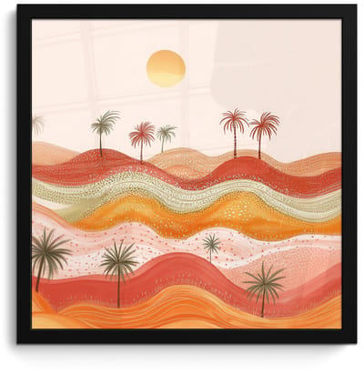 Poster in lijst - Fotolijst 40x40 cm - Posters - Abstract landschap - Palmbomen - Kleurrijk - Posterlijst zwart - Decoratie - Wanddecoratie woonkamer - Muurdecoratie slaapkamer