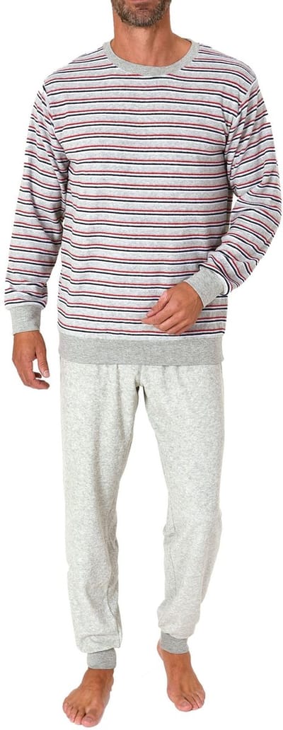 Herenpyjama in badstof met lange mouwen en manchetten in streepjes-look - ook in overmaten