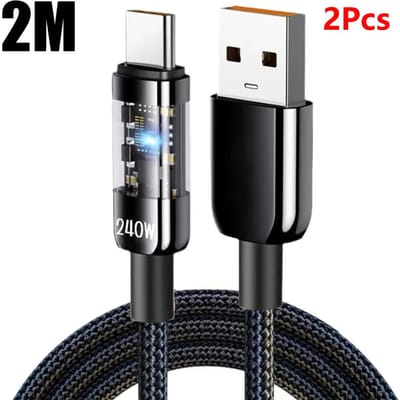 240W Supersnelle Oplaadkabel USB C Interface Nylon Gevlochten Transparant Type C Hoge-snelheid Oplaaddraad Snel Opladen Data Kabel 2m-2pcs