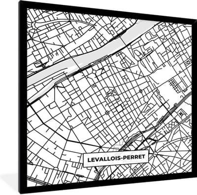 Fotolijst incl. Poster Zwart Wit- Levallois-Perret - Stadskaart - Plattegrond - Kaart - Frankrijk - Zwart wit - 40x40 cm - Posterlijst