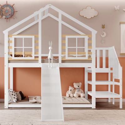 Stapelbedden - 90x200cm - Houten Hoogslaper Met Trap, Gitter En Glijbaan - Blokhuis Kinderbed Met Veiligheid - Massief Hout - Wit
