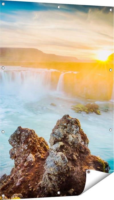 Gards Tuinposter Watervallen bij Zonsondergang - 80x120 cm - Tuindoek - Tuindecoratie - Wanddecoratie buiten - Tuinschilderij