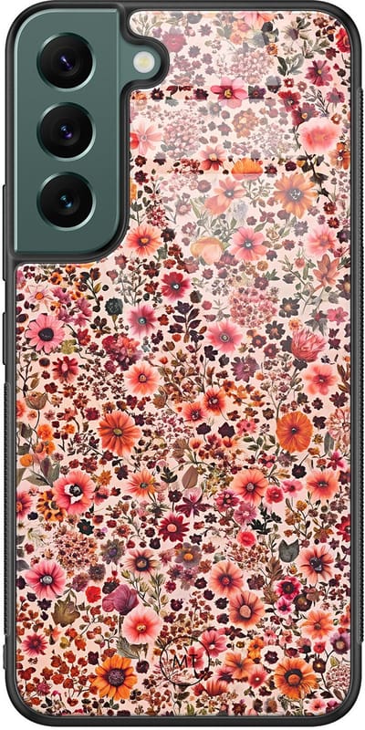 Hoesje geschikt voor Samsung Galaxy S22 - Vintage floral - Hard Case Zwart Back Cover - Bloemen - Rood - Mooie Telefoonhoesjes
