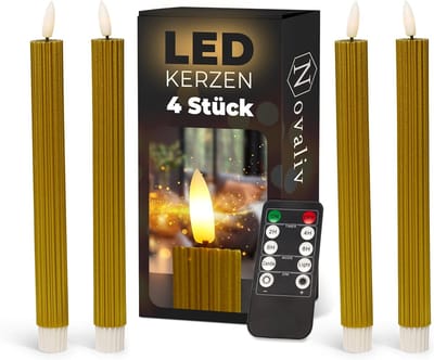 LED-kaarsen met timer GOUD 4 stuks binnen 6 uur - ECHTE WAS geribbeld 23 cm hoogte voor kaarsen 2,2 cm diameter 2 AAA-batterijen vereist LED-kaarsen flikkerende vlam bewegende vlam