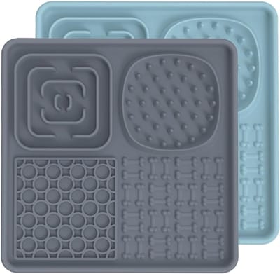 Famanu – Siliconen likmat voor honden en katten - vrij van BPA - grote zuignap - likmat voor honden - huisdieren - een geweldig idee om de hond tijdens het douchen - uitborstelen - enz. (grijs + blauw)