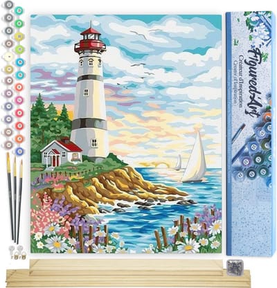 Figured'Art Schilderen op Nummer Volwassenen canvas Vuurtoren op een mooie dag - Handwerk acrylverf Kit DIY Compleet - 40x50cm met DIY houten lijst