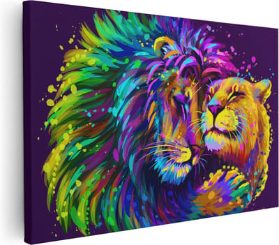 Artaza Canvas Schilderij Leeuw En Leeuwin - 30x20 cm - Klein - Muurdecoratie Abstract - Wanddecoratie Dieren - Kamer Accessoires Woonkamer