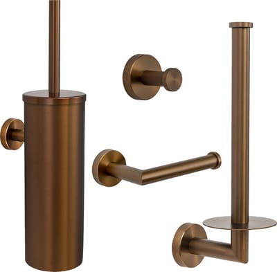 VDN Stainless Toiletaccessoireset koper 4-delig - Geborsteld RVS - Toiletborstelhouder - Toiletrolhouder - Handdoekhaakje - Reserverolhouder