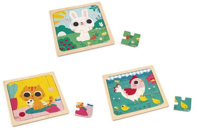 Janod - Houten puzzel - Dierenthema - 3 puzzels met 9 stukjes