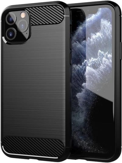 Cadorabo Hoesje geschikt voor Apple iPhone 11 PRO in Brushed Zwart - Beschermhoes van flexibel TPU siliconen in roestvrij staal-carbonvezel look Case Cover