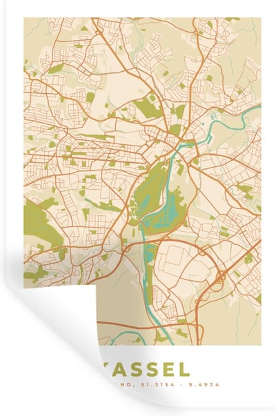 Muurstickers - Sticker Folie - Plattegrond - Kaart - Kassel - Vintage - Stadskaart - 20x30 cm - Plakfolie - Muurstickers Kinderkamer - Zelfklevend Behang - Zelfklevend behangpapier - Stickerfolie
