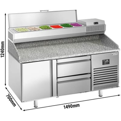 GGM Gastro Pizzakühltisch Premium PLUS - 1490x700mm - mit 1 Tür & 2 Schubladen - inkl. Kühlaufsatzvitrine - 6x GN 1/4