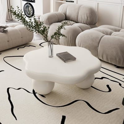 MODFU Salontafel - Wolkvormig Blad En Bolvormige Poten - Minimalistisch - Woonkamer - MDF - Crèmewit - 80 x 35 cm