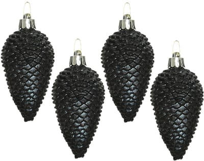 Decoris Kersthangers dennenappels - 12x st - zwart - glitter - 8 cm - kunststof - kerstversiering