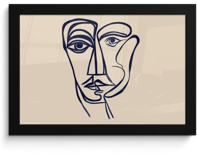 Poster in lijst - Fotolijst 30x20 cm - Posters - Minimalistisch - Lijnillustratie - Beige - Donkerblauw - Posterlijst zwart - Decoratie - Wanddecoratie woonkamer - Muurdecoratie slaapkamer