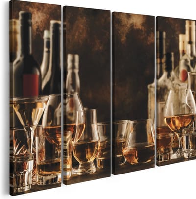 Artaza Canvas Schilderij Vierluik Glazen met Sterke Drank - Flessen - 160x120 - Groot - Foto Op Canvas - Canvas Print