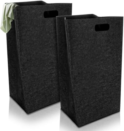 JHUBERS- Wasmand 60 Liter - Opvouwbare Wasverzamelaar - Smalle Wasmand - Vilten Wasmand - Zwart - Geschikt voor Slaapkamer/Badkamer