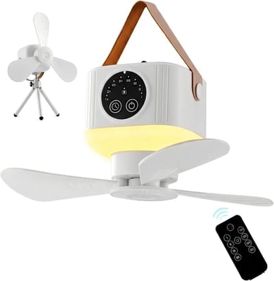 Campingventilator - Draagbare campingventilator - Ventilator - Met verlichting en afstandsbediening- Met 4 snelheidsstanden en timerfunctie 3 standen nachtlampje - Meerdere plaatsingsmethoden met statief - voor luifel strand camper - Wit